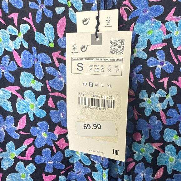 NEW NWT Zara Midi‎ Blue Floral Long Sleeve Satin Dress Small Belted Front Slit - Picture 10 of 10